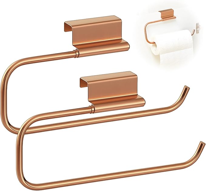 12.4 Inches Cabinet Door Paper Towel Holder Camper Under Sink No Drilling Paper Towel Storage and Dispenser for RV Kitchen Bathroom Laundry Room, Stainless Steel(Rose Gold,2 Pcs)