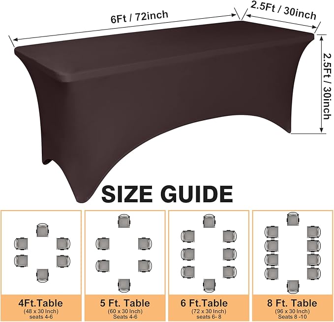 2 Pack 6 Feet Coffee Spandex Tablecloth for Tables, Fitted & Stretch, Washable, Wrinkle Resistant, Perfect for Event, Wedding, Party, Banquet, Cocktail, Festival, and Table Protector