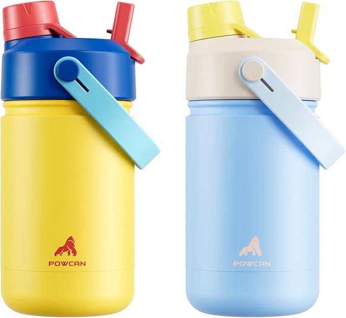 POWCAN 2 Pack 12 oz Kids Insulated Water Bottle for School: Leakproof, 2-in-1 Straw Spout Lid, BPA-Free, Keep Cold 24 Hrs, Stainless Steel Cup for Girls, Boys, Teens (Red Apple Charm & Glass Slipper)