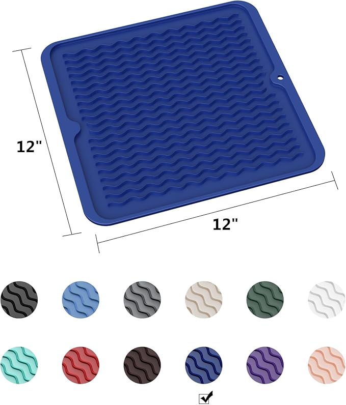 ZLR Silicone Dish Drying Mat 12" x 12" Square - Small Heat Resistant Trivet & Countertop Protector for Air Fryer, Coffee Maker - Waterproof Kitchen Drain Pad for Cups, Fruit (Midnight Blue)