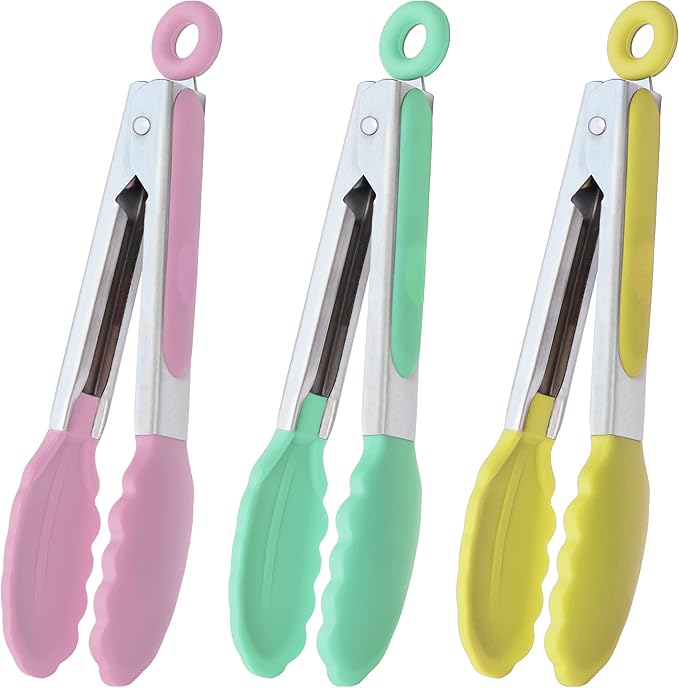 HINMAY Small Tongs with Silicone Tips 7-Inch Serving Tongs, Set of 3 (Pink Mint Yellow)
