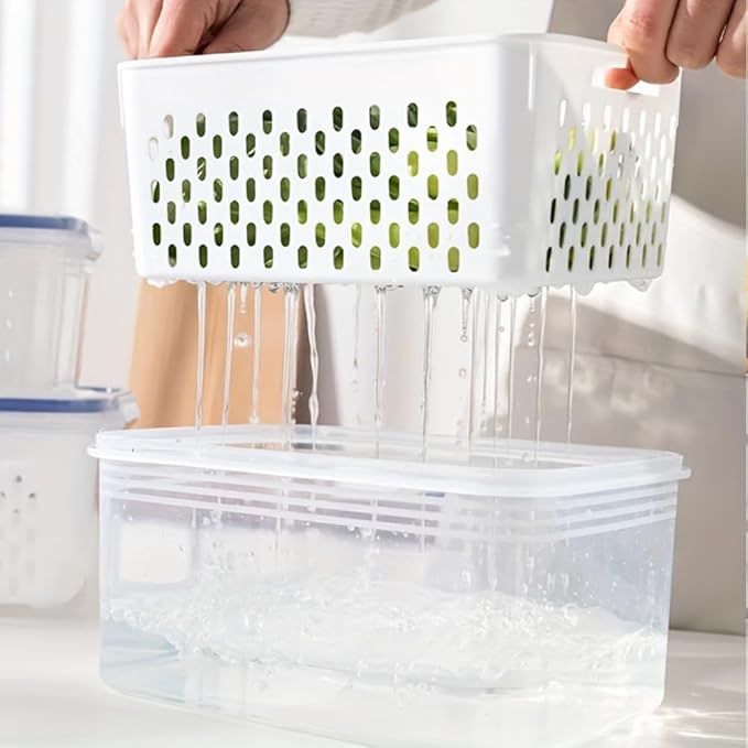 2 Pack Fruit Storage Containers for Fridge, Stackable Food Storage Containers with Removable Colander, Refrigerator Organizer with Drain Baskets Lids- Keeping Food Fresh Longer