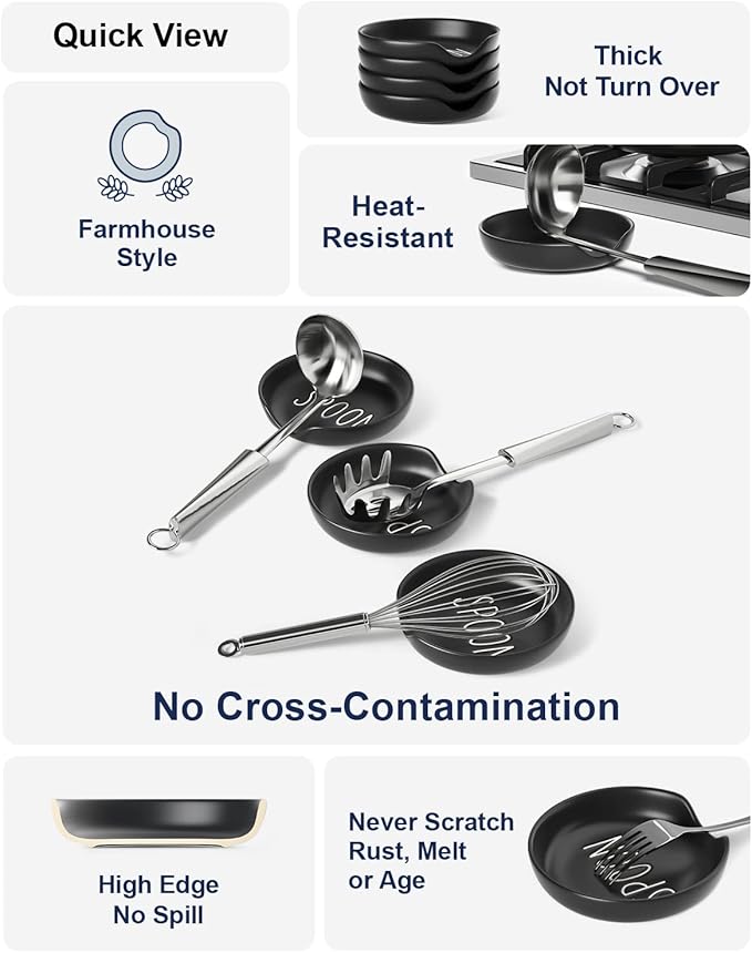 LE TAUCI Spoon Rest for Stove Top, Set of 4 Ceramic Spoon Holder for Kitchen Counter, 5-Inch Modern Coffee Spoon Rest for Spatula, Tea Bag, Ladle, Dishwasher Safe, Matte Black