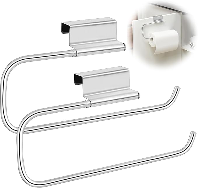 12.4 Inches Cabinet Door Paper Towel Holder Camper Under Sink No Drilling Paper Towel Storage and Dispenser for RV Kitchen Bathroom Laundry Room, Stainless Steel(Silver,2 Pcs)
