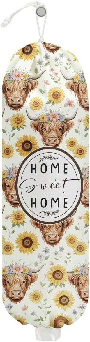 Retro Highland Cow and Flowers Plastic Bag Holder 22.5x9 Inch,Wall Mount Plastic Bag Holders,Washable Grocery Bags Storage Dispenser for Sweet Home Kitchen Pantry Decor,Gifts for Women Grandma Mom
