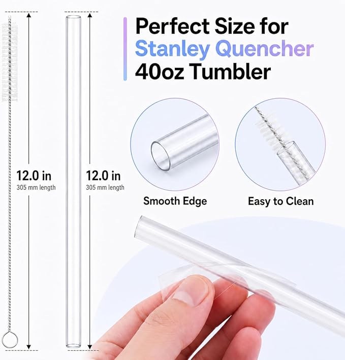 Joshey 12 Inch Tritan Replacement Straws for Stanley 40oz Tumbler - 6 Pack Reusable Long Straw with Cleaning Brush, Fits 30oz & 40oz Stanley Cup Accessories, BPA-Free (Clear)