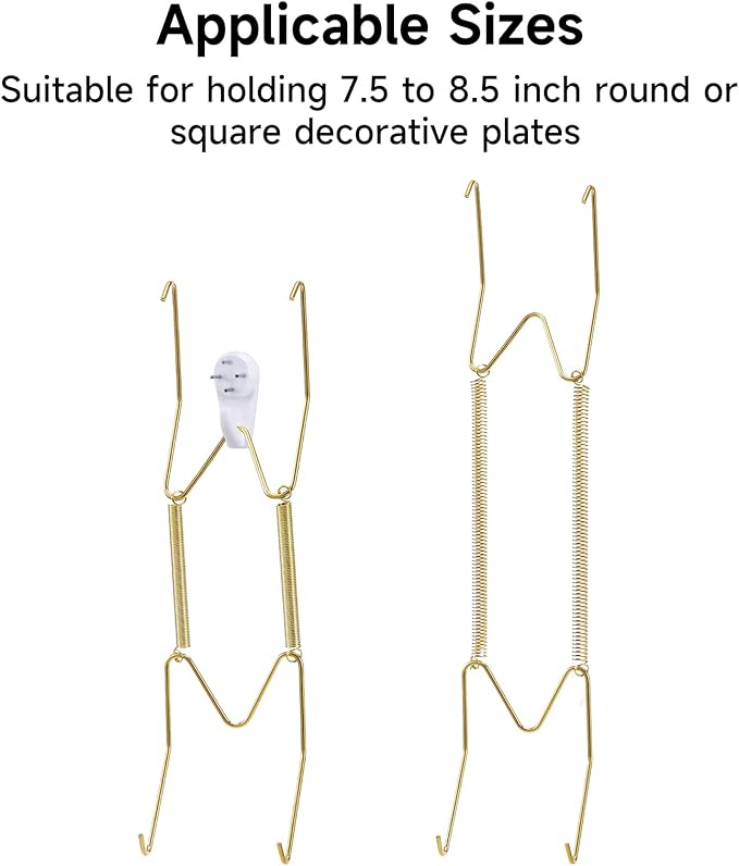 10-Piece Brass Plate Wall Hangers, 8 Inch Invisible Decorative Plate Holders, Comes with 12-Piece Wall Hooks