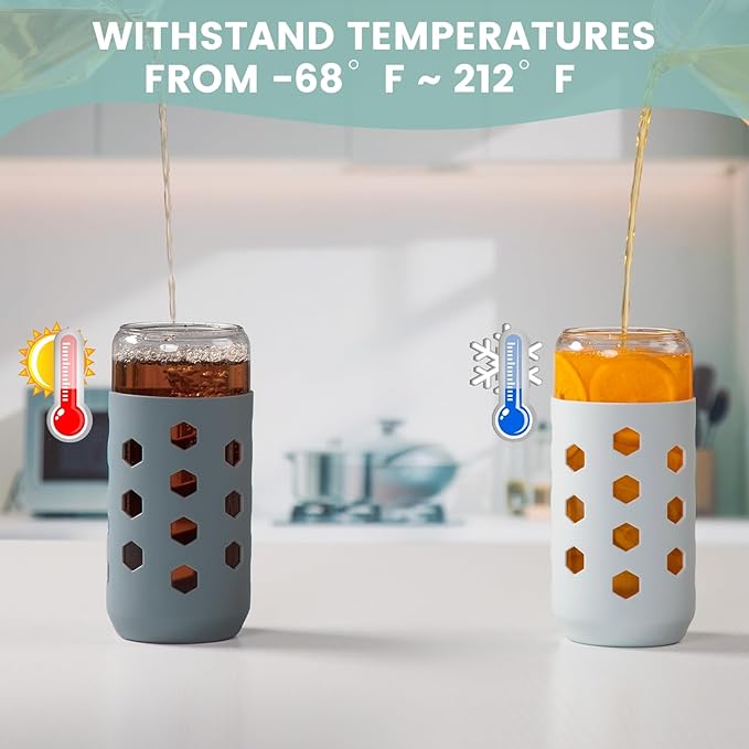 Mrsdry Glass Cups with Lids and Straws (4 Pcs), 20oz Drinking Glasses Set with Silicone Sleeves for Coffee Bar Accessories Iced Coffee Cups with Lids, Glass Tumbler Reusable for Gifts