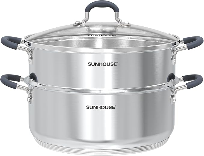 SUNHOUSE Stainless Steel Steamer Pot for Cooking - 6.3 QT Steaming Pot with Glass Lid & Steamer Basket - 2 Tier Tri-ply Vegetable Steamer with Stay-Cool Silicone Handles - Induction Compatible