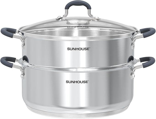 SUNHOUSE Stainless Steel Steamer Pot for Cooking - 6.3 QT Steaming Pot with Glass Lid & Steamer Basket - 2 Tier Tri-ply Vegetable Steamer with Stay-Cool Silicone Handles - Induction Compatible