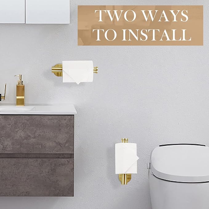 JOPOFI Toilet Paper Holder - Self Adhesive Toilet Paper Holder Wall Mount for Bathroom, Command Strip Stainless Steel Toilet Paper Roll Holder Stick On Wall, No Drilling - Brushed Gold（2 Pcs）
