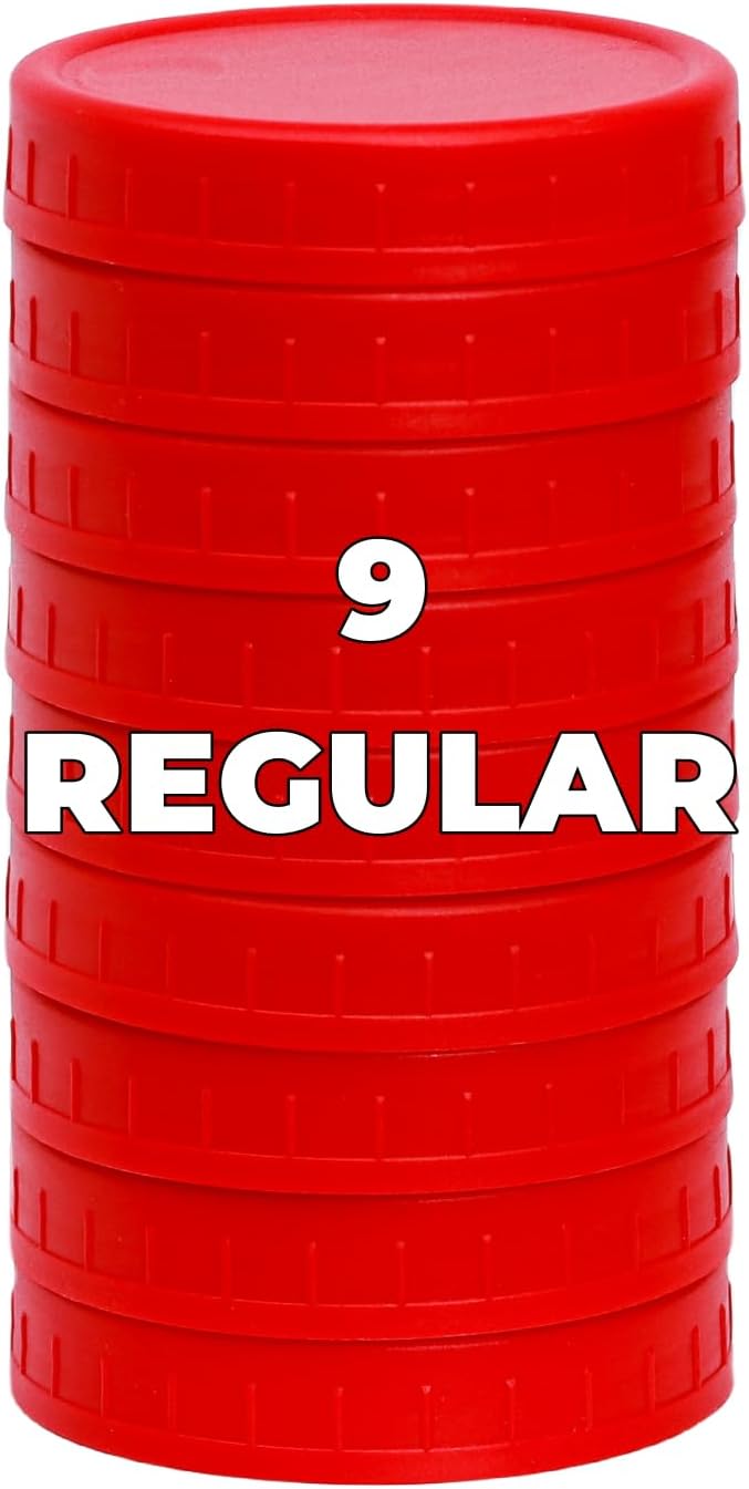 Bedgeta 9 Regular Mouth Mason Jar Lids with Silicone Ring,Thickened Leak-proof Lids Fit Ball,Kerr and More, 9 Red Plastic, 70mm(Red)