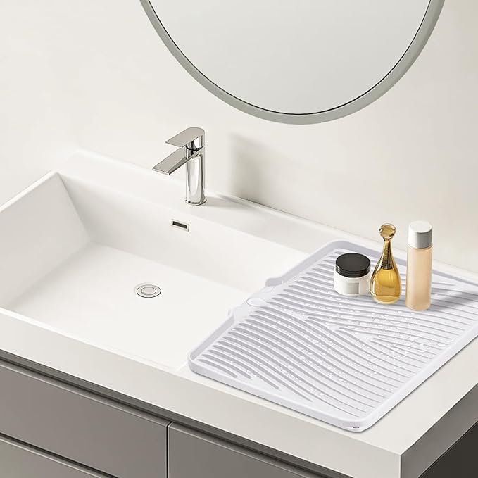 Silicone Dish Drying Mat, Stone Drying Mat for Kitchen Counter with Built-In Drain, Non-Slip Drain Pad with Built-in Drain, Heat Resistant Stone Drying Mat, Hangable, White-2pcs, 20" x 15"