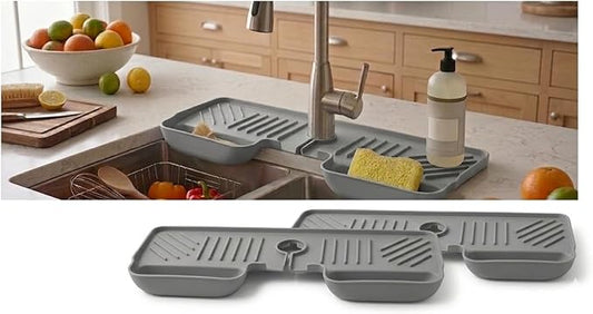 Silicone Kitchen Sink Splash Guard Faucet Mat with Deep Storage Trays,for Sponge Brush,Sloped Draining, Countertop Protector,For Tidy Homes,Renters,Bonus Sponge