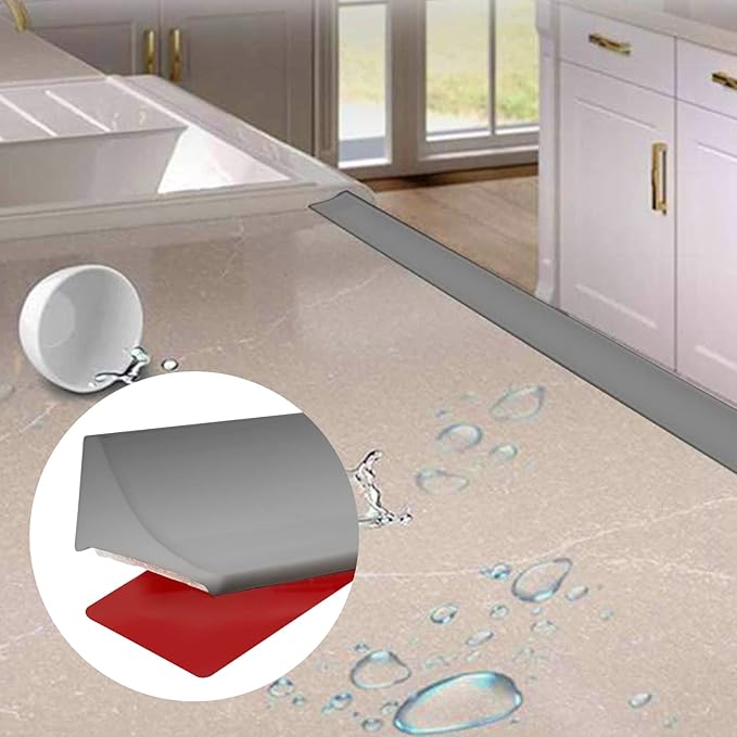 New Collapsible Shower Threshold Water Dam, Self Adhesive Silicone Waterproof Barrier Bathroom and Kitchen Water Strip Dam Shower Guard for Dry And Wet Separation Caulk Seal Strip Edge Trim(Grey)