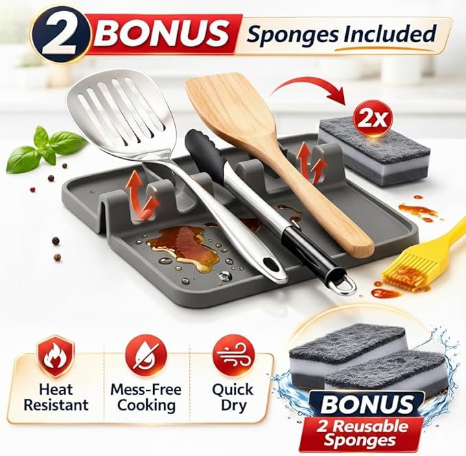 Silicone Spoon Rest for Stove Top – Silicone Utensil Holder with Large Drip Tray, Heat Resistant, BPA Free Food-Grade Silicone, Non-Slip Base, Dishwasher Safe, 4-Slot Design, Includes 2 Sponges (Gray)
