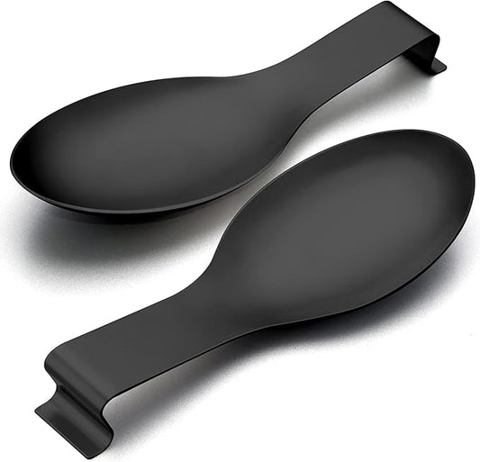 Spoon Rest Set of 2, E-far Matte Black Stainless Steel Spoon Ladle Holder Spatula Rest for Kitchen Stove Top, Large Size & Dishwasher Safe