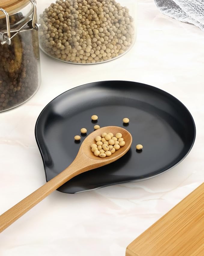 Stainless Steel Spoon Rest, Spatula Ladle Holder, Stainless Steel Utensil Spoon Rest Holder, Brushed Finish, Dishwasher Safe 5.9 x 5.1 Inch (Round Black 1PC)