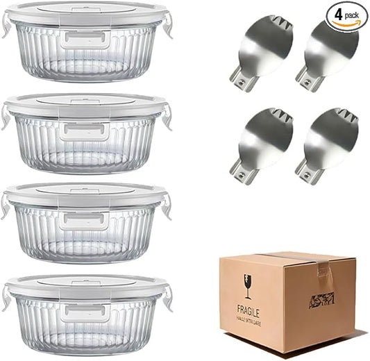H.JSS WDJS 1.5 cup Round Glass Food Containers with Lids and Spoon, 12oz Small Glass Lunch Storage Containers, Small Round Meal Prep Bowls for Office, Outdoor. Microwave, Freezer, Dishwashe safe