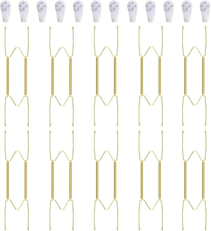 10 Piece Plate Hangers, 10 Inch Invisible Brass Wall Plate Hangers, Comes with 12 Piece Wall Hooks for Decorative Plates