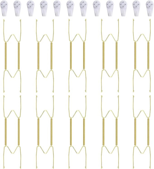 10 Piece Plate Hangers, 10 Inch Invisible Brass Wall Plate Hangers, Comes with 12 Piece Wall Hooks for Decorative Plates