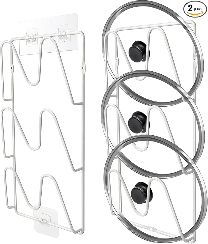 2 Pack Pot-Lid-Organizer, 6-Tier Pots and Pans Lid-Organizer for Cabinet Door/Wall, No Drilling Adhesive Wall/Door Mounted Rustproof Pot-Lid-Holder for Kitchen Organization - White