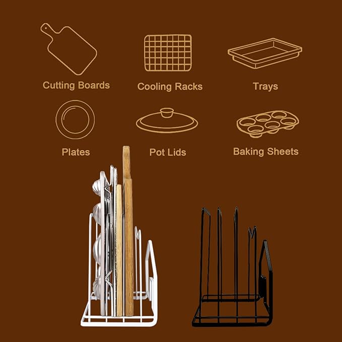 SUNFICON 2 Pack Cutting Board Racks Holders Pot Pan Lids Holders Chopping Board Organizers Thin Bakeware Trays Dry Display Stands Kitchen Countertop Cabinet Office Black