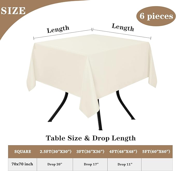 Fitable 6 Pack Square Tablecloths - 70 x 70 Inches - Stain Resistant and Reusable Table Clothes, Ivory Polyester Fabric Table Covers for Dining, Card Tables, Coffee Tables