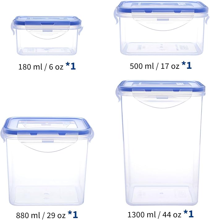 KIGI Airtight Food Storage Containers, Plastic Canisters & Jars for Kitchen Pantry Dry Food Organization, 4-Sided Locking Lid, Clear, 8-Piece, 0.75 Cup / 2.1 Cup / 3.6 Cup / 5.4 Cup