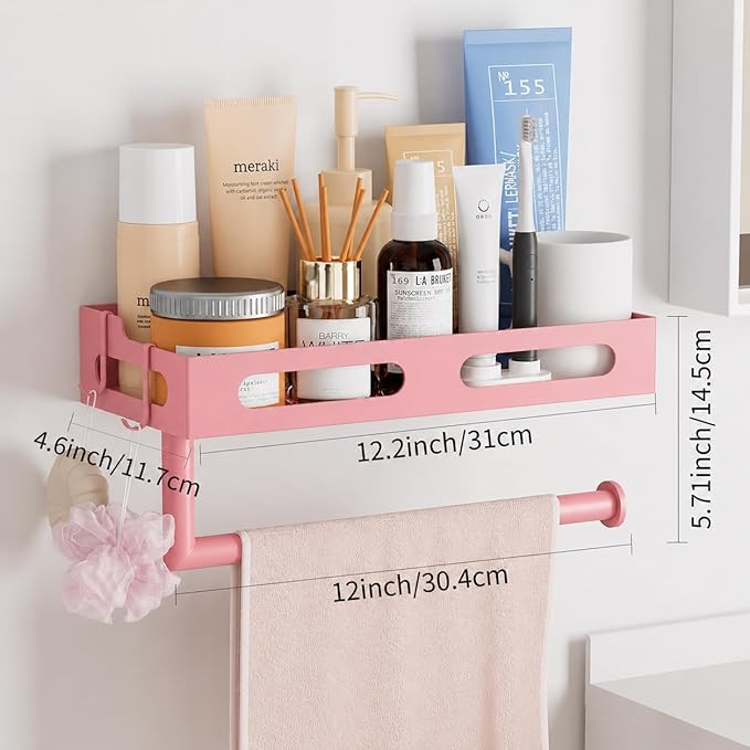 Paper Towel Holder Wall Mount with Shelf, Easy One Hand Tear, Adhesive Glue or Drill Mount Hanging Paper Towel Holder with Shelf for Kitchen/Bathroom/RV, Pink Metal, 4 Hooks