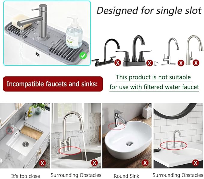 Silicone Faucet Mat Silicone Faucet Drip Catcher with Cuttable Circular Central for Kitchen Sink, Tailor-Made for Faucets with Deck Plate【Light Grey】