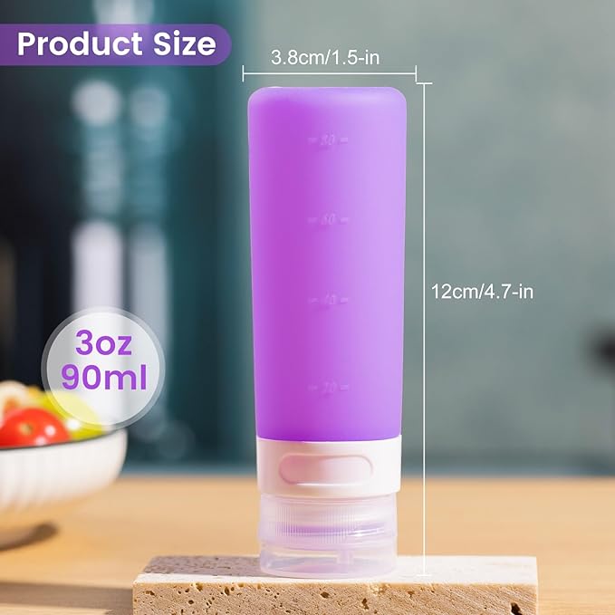 MICEBAY Condiment Squeeze Bottles for Sauces, 3-oz Mini Silicone Salad Dressing Container to Go with Snack Storage Bag, Leakproof Sauce Bottles for Lunch Box, 4 Pack, Purple