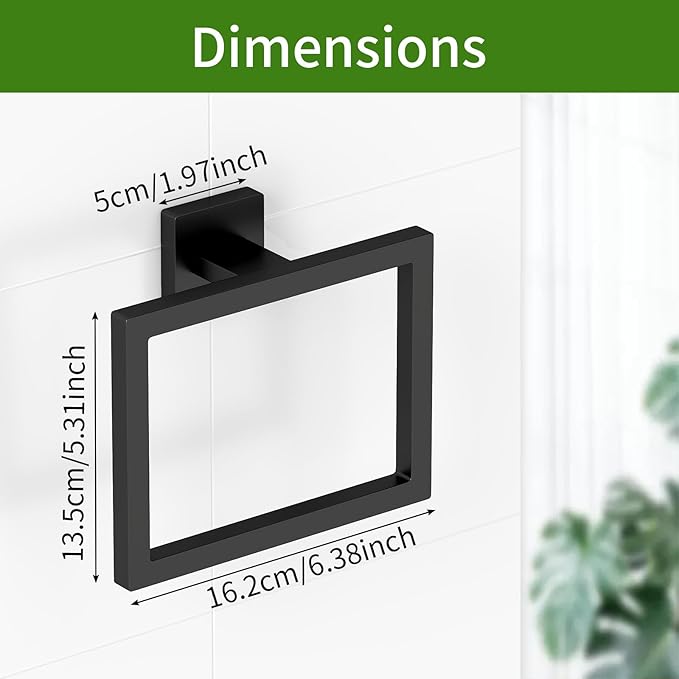 2 Pack Matte Black Hand Towel Holder, Stainless Steel Wall Mounted Hand Towel Holder for Bathroom, Modern Square Towel Ring for Bath, Kitchen, RV