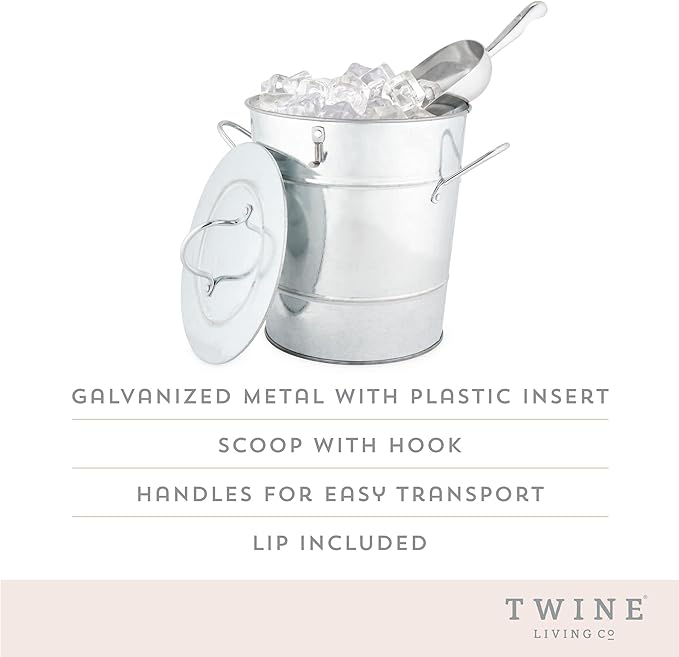 Twine Insulated Ice Bucket with Lid, Scoop & Handles for Beer, Wine, Champagne, Beverages, 1 Gal Galvanized Metal Bucket, Steel Ice Container for BBQs, Indoor & Outdoor Party Supplies, Bar Accessories