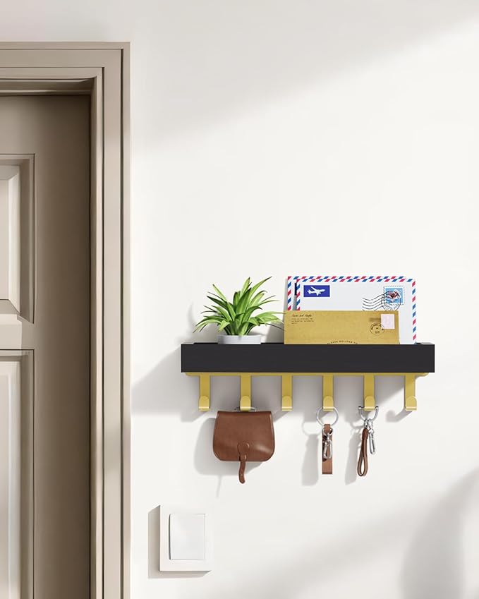 Key Holder Wall Mount Adhesive Magnetic - Hanging Key Hooks with Tray for Wallet House Accessories - Keys Hanger Rack with Shelf for Camper Entryway Door Home Living Room Decor Black Gold