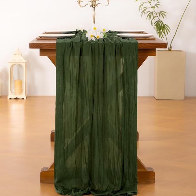 Socomi Olive Green Summer Cheesecloth Table Runner Boho Rustic Gauze 120 inch 10FT Cheese Cloth Sheer Runner for Wedding Party Baby Shower Birthday Home Decor