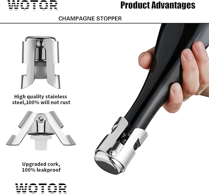 WOTOR Champagne Stoppers Stainless Steel, Prosecco Bottle Stopper with Food Grade Silicone, Reusable Champagne Cork & Saver, Leak proof Keep Fresh (Silver, 2 Pack)