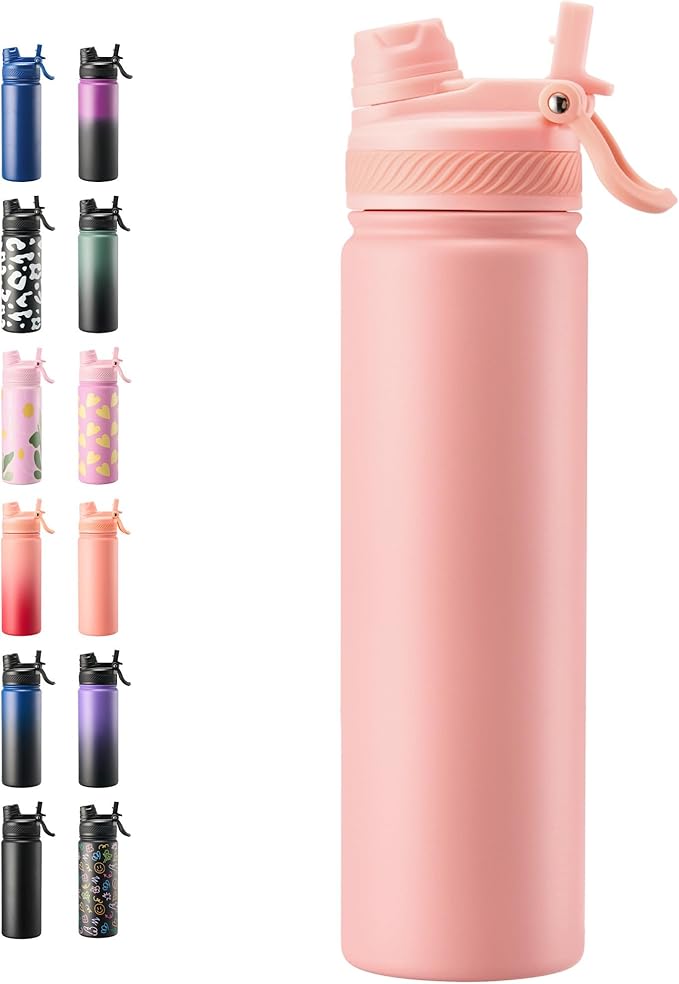 Fijinhom 24 oz Insulated Water Bottle, 2-in-1 Straw and Spout Lid Stainless Steel Thermos, Leak-Proof, Double Wall Vacuum Flask, Keep Cold 24H for Outdoor, Sports, Travel, School (Pink)