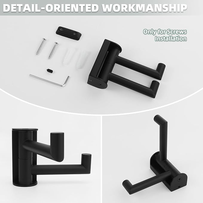 Angle Simple Swivel Double Towel Hook Matte Black, 304 Stainless Steel Robe Hook for Bathroom