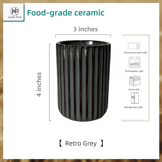 TOPYOKK Stoneware Coffee Bar Utensil Holder Tea & Coffee Spoon & Stirrer Holder for Stir Stick Straw Teaspoon Holder Spoon Cup Small Utensil Jar Fluted Vertical Stripe (Concrete Grey)