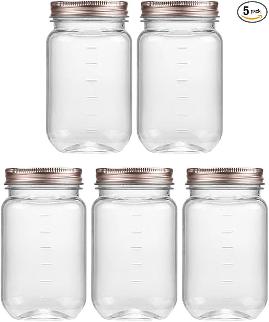 novelinks 16 oz Clear Plastic Jars with Lids, Refillable 16oz Mason Jars with Lids & Storage Containers for Kitchen & Household Use (5 Pack,Rose Gold)