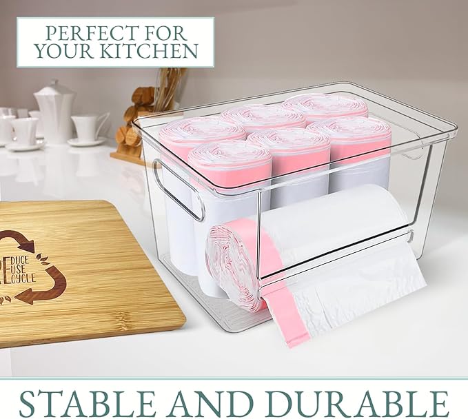 Extra Large Bag Dispenser, Trash Bag Dispenser in Plastic Material and Bamboo Lid, Kitchen Organizer, Bags Roll Included, Beautiful and Decorative.