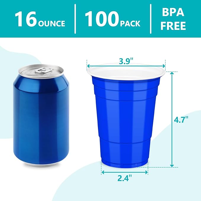 LANLISA 100 Dark Blue Plastic Cups, 16 oz Disposable Cups, Drinking Cups For Party Supplies