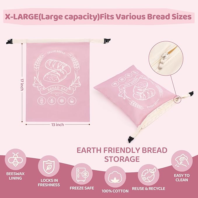2 Pack Beeswax Bread Bags with Zipper, XL(13x17in) Sourdough Bread Storage for Homemade, Freezer Storage Bag to Keep Fresh, Cotton Beeswax Container, Baguette Bag with Liner, Kitchen Baking (Pink)