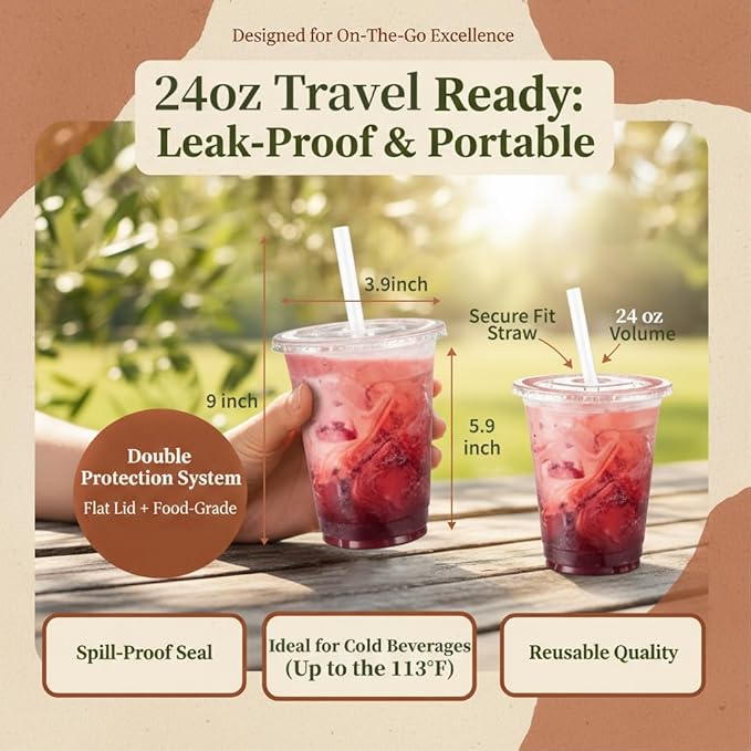 110 Pack 24 oz Clear Plastic Cups with Lids and Straws, Jumbo Disposable Cold Cups for Iced Coffee, Smoothie, Boba Tea, Party Drinks,BPA-Free Bulk Set