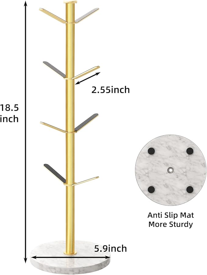 Gypie Gold Mug Holder Tree with Marble Base, 8 Hooks Coffee Cups Holder Stand, New Upgrad Stable Removable Mug Rack for Kitchen Cafe