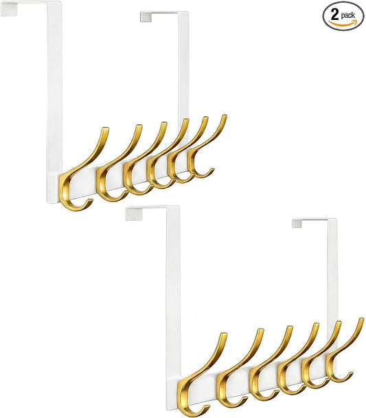 2 Pack 11" Over The Door Hooks for Hanging, Heavy Duty Door Towel Rack with Custom Gold Hooks, Anti-Scratch 4 Pads, 12 Dual-Layer Hooks for Bathroom Bedroom Kitchen, White Gold