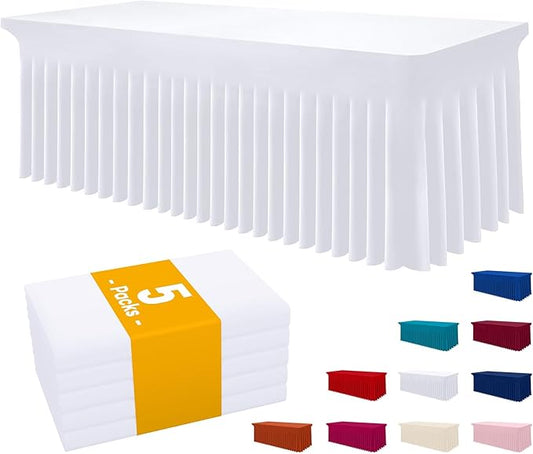 Smiry Spandex Tablecloth 5 Pack, Elastic Fitted Stretch Tablecloth for 6FT Rectangle Tables, Waterproof Washable Table Cover Skirt for Outdoor, Wedding, Banquet & Parties (White, 72Lx30Wx30H Inch)