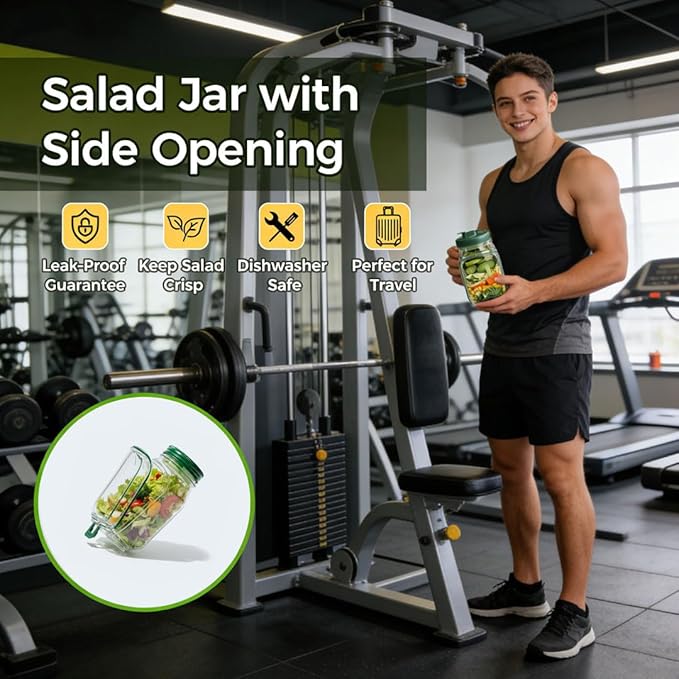 Portable Side Open Salad Jar with Leakproof Dressing Container - Removable Lid Converts to Bowl, Food Grade Reusable, Freezer Dishwasher Safe for Meal Prep Work Travel