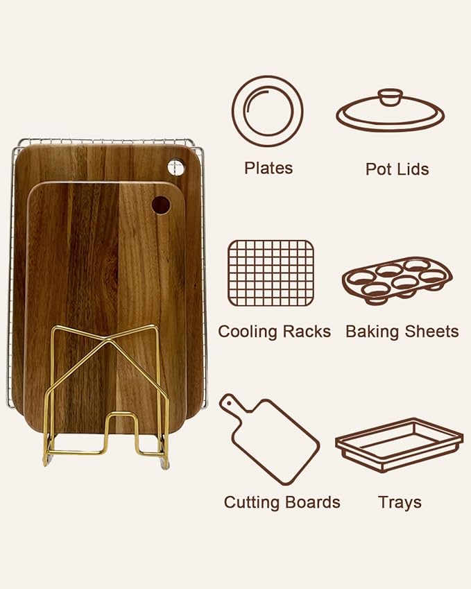 Pot Lid Organizer Cutting Board Holder Inside Cabinet 304 Stainless Steel Pot and Pan Organizer Under Cabinet Cover Cookie Sheet Bakeware Serving Tray Cooling Rack Stand Kitchen Countertop Matte Gold